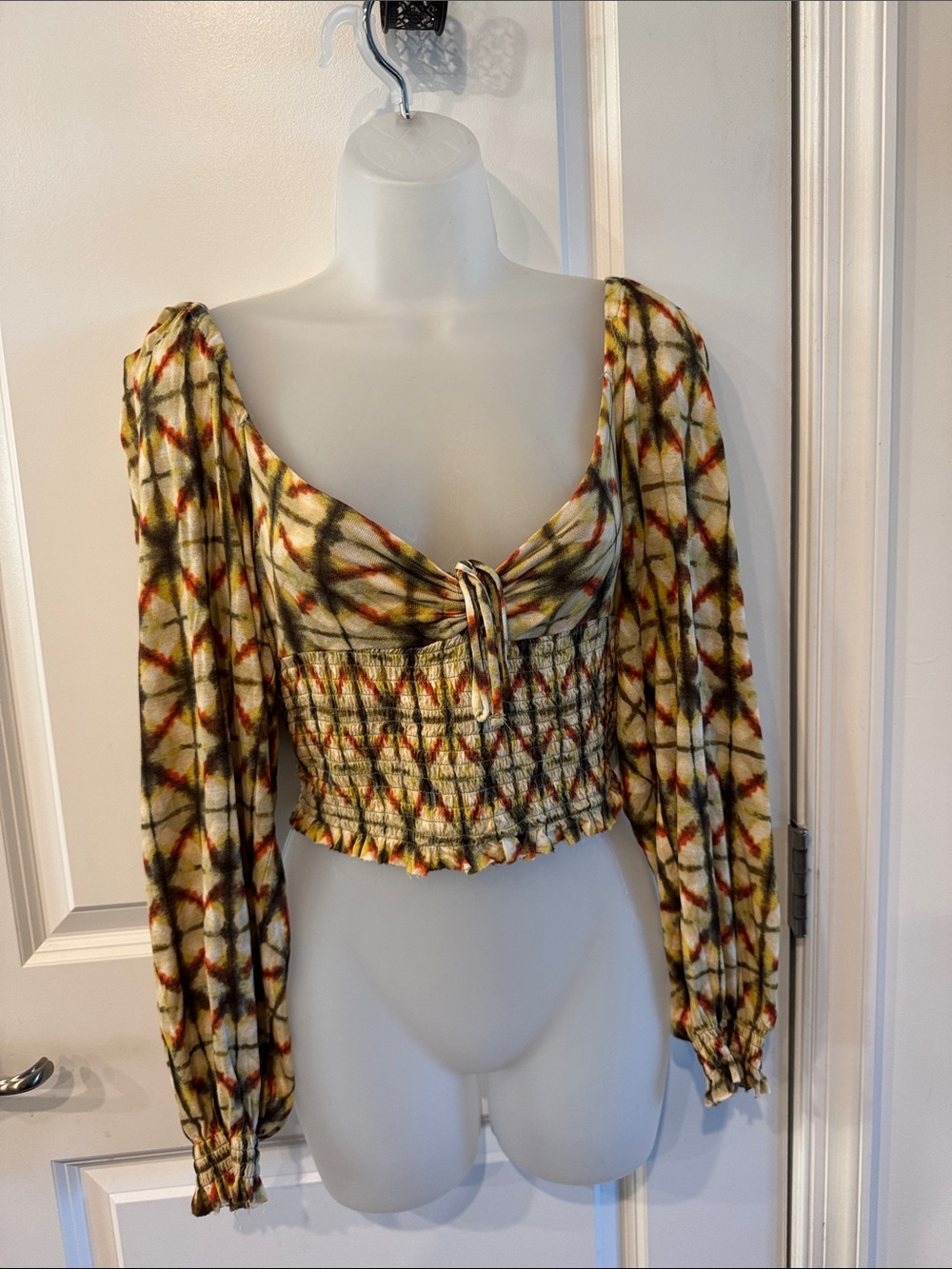 Urban Outfitters Cream Multi Smocked Tie-Front Long Sleeve Crop